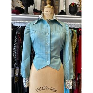 Vintage 1970s cropped aqua cotton jacket with puff shoulders floral trim small